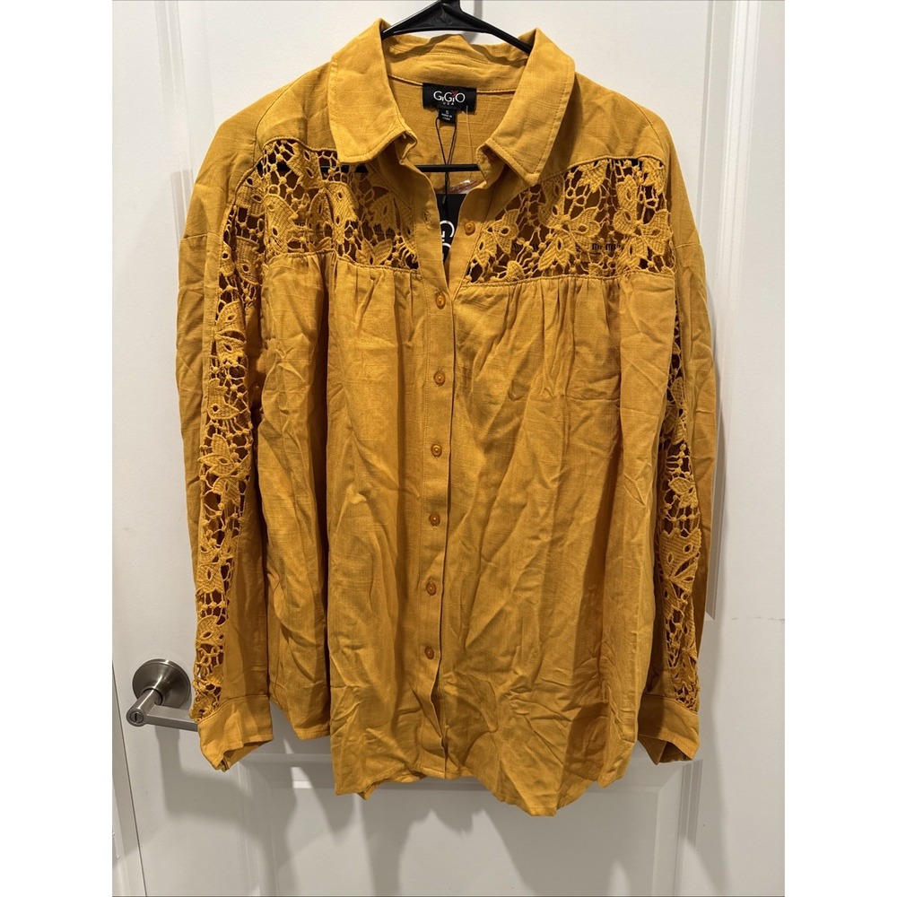 GioGio Women's Long Sleeve Lacy Mustard Flowy Button Tunic Top Size S NWT